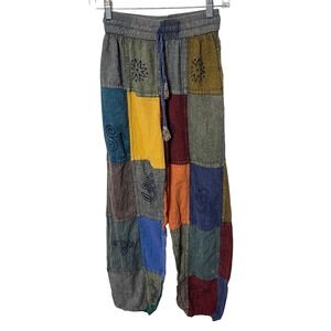 Rising International Patchwork Pants Womens Medium Multicolor Boho Om Symbols